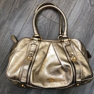 Burberry metallic gold coated leather satchel handbag bag